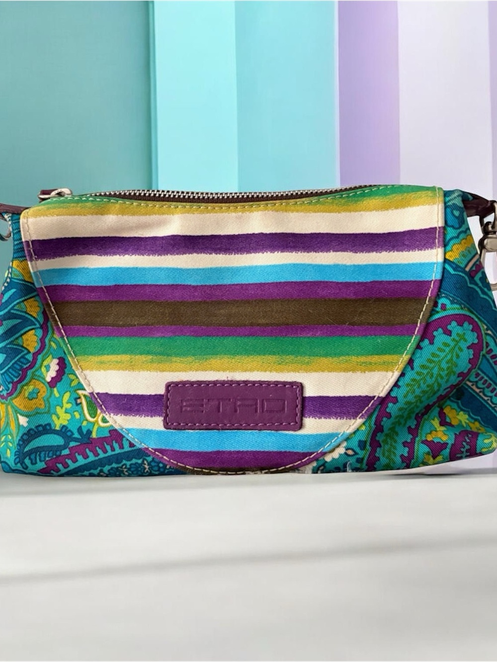 Etro Women’s Striped & Paisley cosmetic bag in Purple, Teal, Green, Yellow.